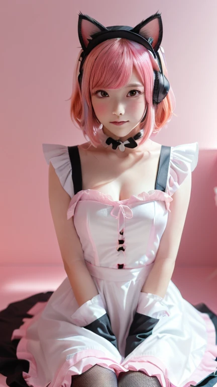 (Emo art:1.6), masterpiece, 4K, Bokeh, high school girl, Beautiful Face, (Cat ear:1.3), (Pink Hair:1.6) , (Japanese Idols:1.6), Blushed, (Pink Maid Costume :1.4), Looking at the audience, close,
(Pink Background :1.4), ( A wall of lots of pink roses:1.6,cute笑顔,Long Hair,cute,