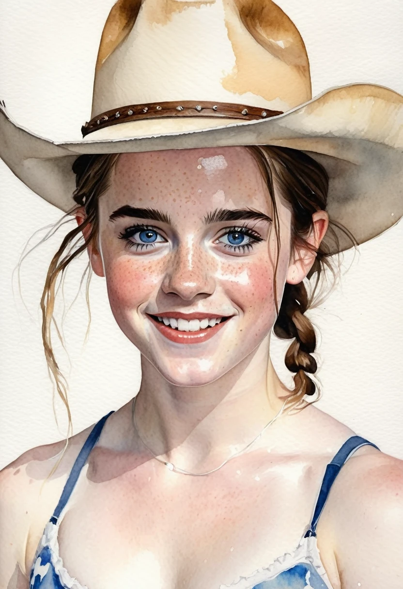 a watercolor painting of a ((pale skin)), defined muscles, six-pack abs, freckled, brunette teenager resembling Emma Watson, with blue eyes, blushing cheeks, pigtails, cowboy hat, naked, smiling, in the style of Norman Rockwell