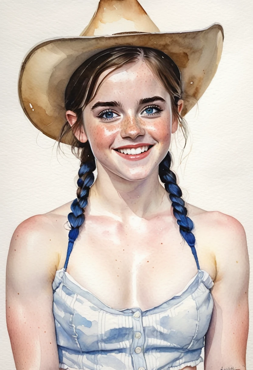 a watercolor painting of a ((pale skin)), defined muscles, six-pack abs, freckled, brunette teenager resembling Emma Watson, with blue eyes, blushing cheeks, pigtails, cowboy hat, naked, smiling, in the style of Norman Rockwell