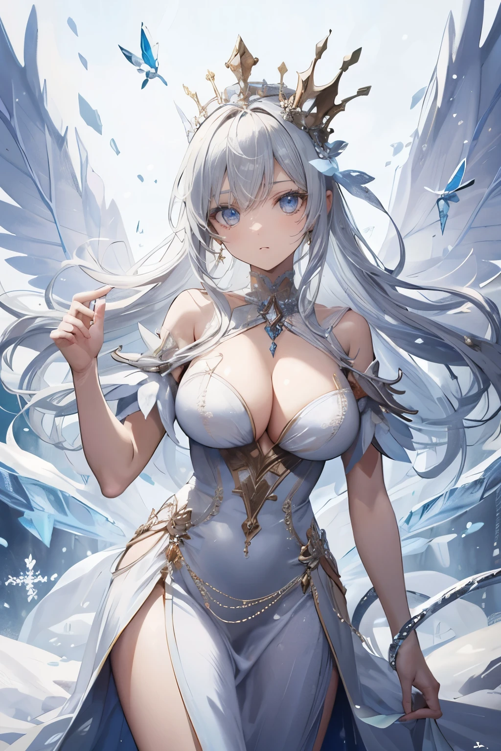 The Snow Queen, she wearing Long silver glittering dress , big breasts，The Ice crown On her head,Background is Ice snakes and Ice butterflies flying