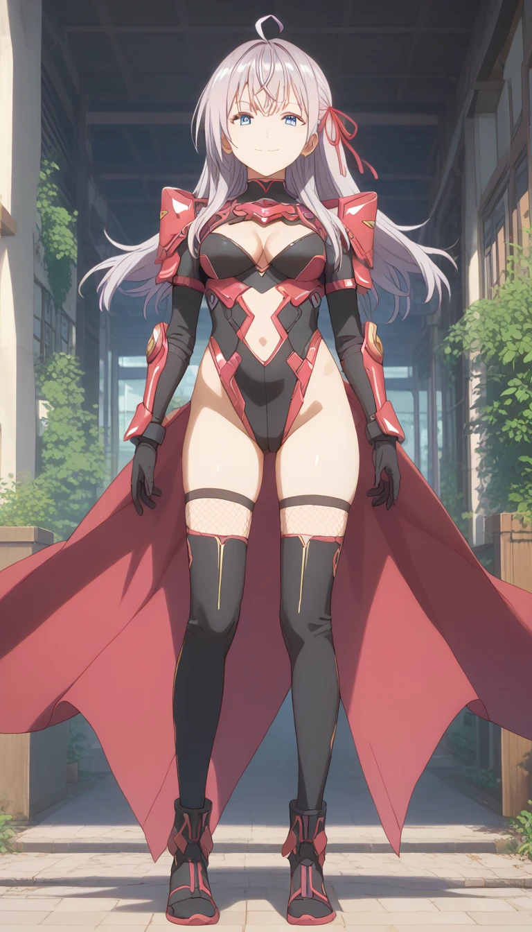 score_9, score_8_up, score_7_up, source_anime, masterpiece, absurdres, medium breasts, mature woman ,perfect face, 1girl, cute expression, smiling, looking at viewer, standing, arched back, alisamikhailovna, alisamikhailovna kujou, long hair, bangs, blue eyes, ahoge, gray hair, red ribbon, ig-tk,gloves,full body,navel,fishnets,thighhighs,cleavage,center opening,standing,black gloves,bodysuit,leotard,boots,armor,