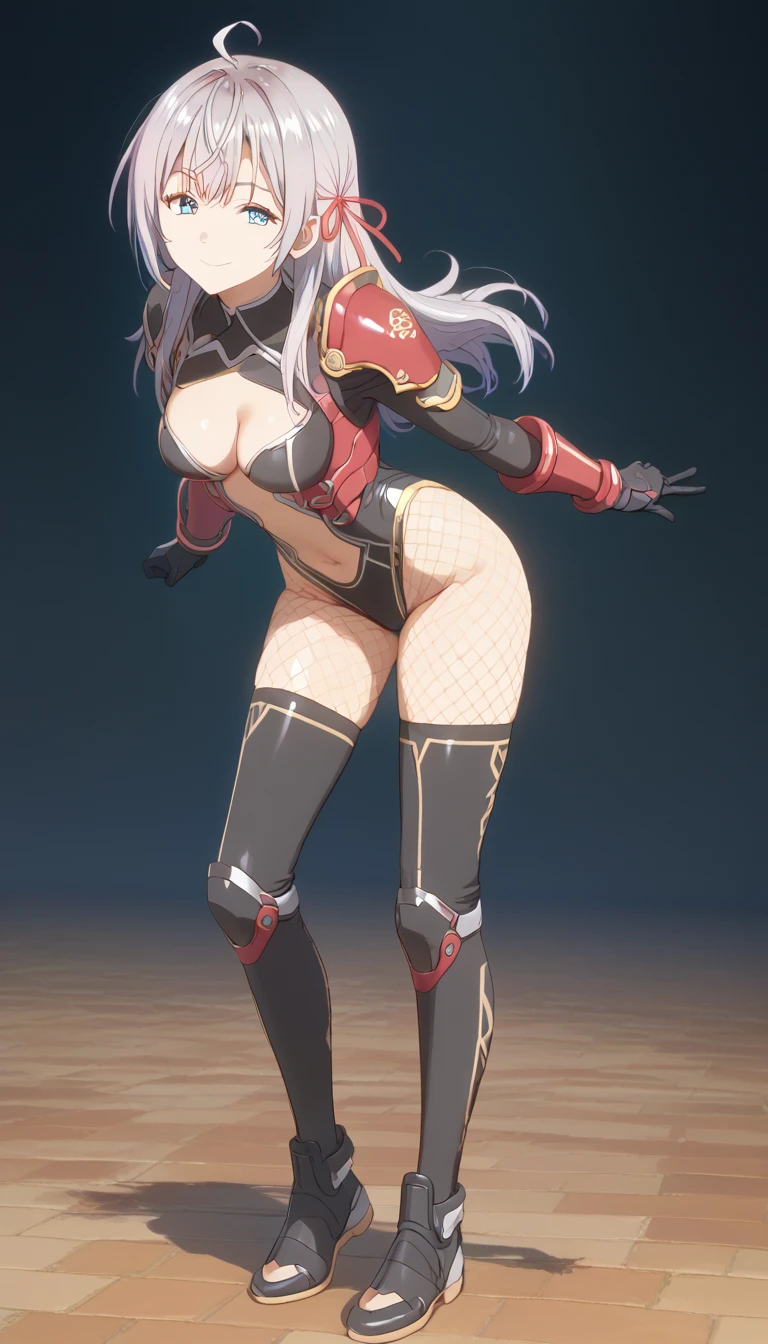 score_9, score_8_up, score_7_up, source_anime, masterpiece, absurdres, medium breasts, mature woman ,perfect face, 1girl, cute expression, smiling, looking at viewer, standing, arched back, alisamikhailovna, alisamikhailovna kujou, long hair, bangs, blue eyes, ahoge, gray hair, red ribbon, ig-tk,gloves,full body,navel,fishnets,thighhighs,cleavage,center opening,standing,black gloves,bodysuit,leotard,boots,armor,