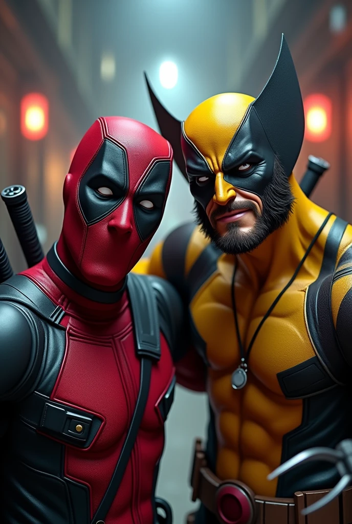 Um Deadpool, with Ryan Reynald&#39;s face, posed for a selfie with Wolverine 