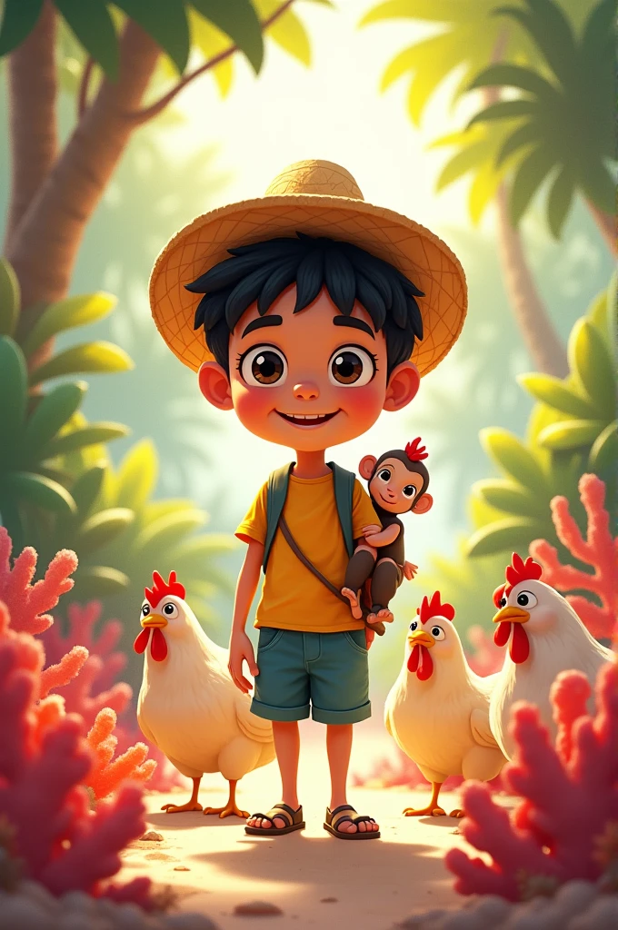 Charming illustration of a boy named Juan with black hair and bright, lively eyes, in a coral with 3 chickens in full body, Juan wears a straw hat and a monkey. Sunlight filters through the trees, casting a warm glow on the scene.