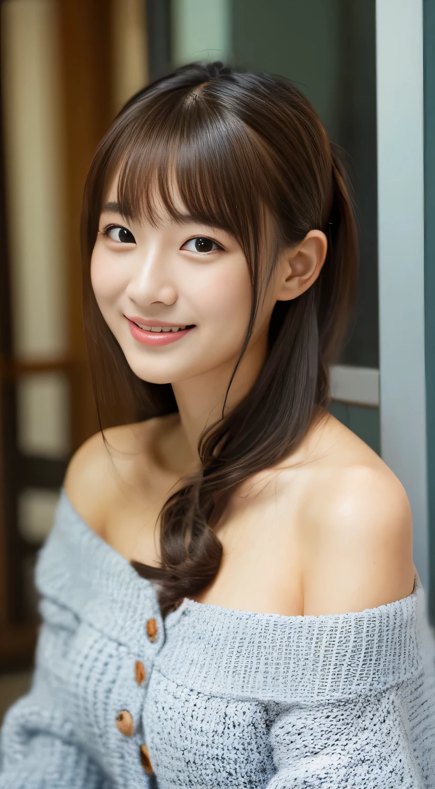 masterpiece,best quality,(Japanese girl),((Beautiful girl)),cleavage,(off shoulder:1.2),(perfect body beauty:1.2),(shy smile),From slightly above