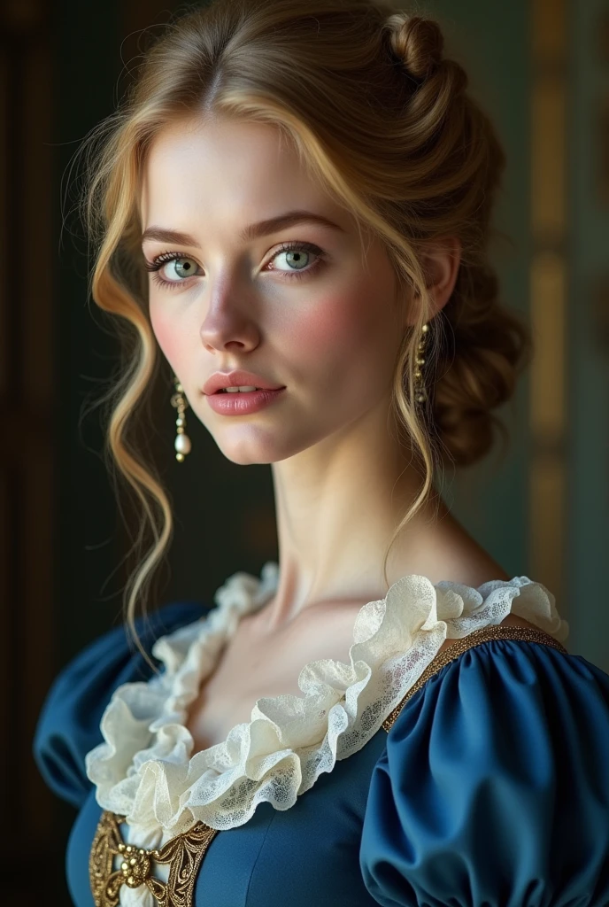 Beautiful twenty year old girl, with blonde hair , White skin, almond-shaped blue-green eyes. with medium breasts, thin and curvy. She is wearing a dark blue Victorian era dress that highlights her beauty.. Her lips are plump. She has her hair up in an elegant hairstyle..