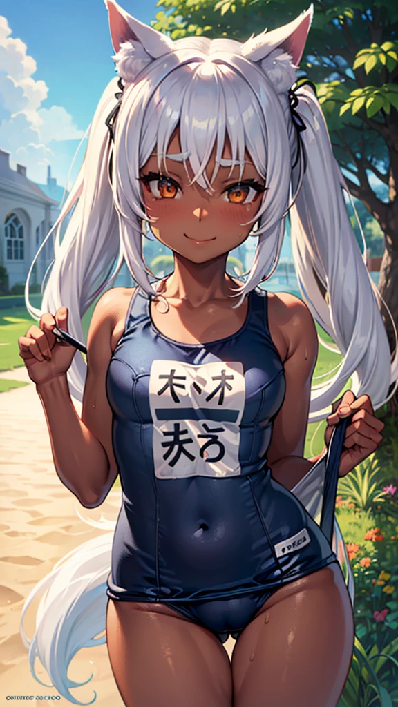 (dark skin,Silver Hair,Fox Girl),(Perfectly detailed face),(Young),twintails , (((School Swimsuit))),cameltoe,garden,noon,sweaty,Smirk,High resolution, masterpiece, Highest quality, High resolution, Cowboy Shot