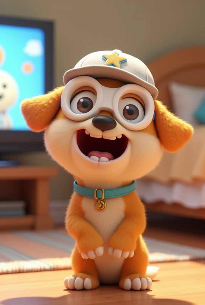 3D cartoon image Little funny dog with wide white goggles .a cap on his head . White a shine tooth . And asking questions . With home room in behind the Tv and bedroom.