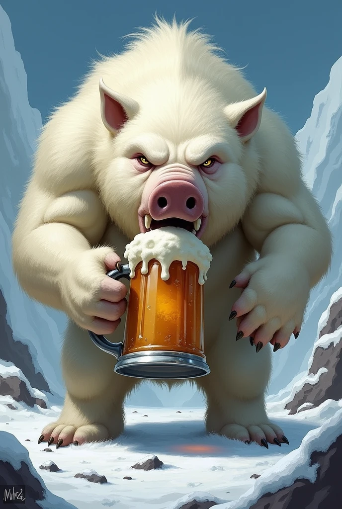 Polar hog with angry face drinking bear