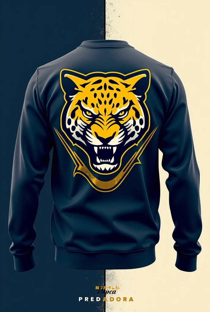 "Hello, I need your help to create a print for an 'Atlética Predadora' t-shirt, a university athletic team with a jaguar mascot. The slogan must reflect power, mastery and excellence. Por favor, generate some impactful slogans that incorporate these elements and the concept of predator." Use colors like dark blue, offwhite, gold for the visual elements, the jaguar must maintain its original characteristics which is yellow with black tips, I want something minimalist, but that it is impactful. PUT THE IMAGE YOU CREATE ON THE BACK OF A SWEATSHIRT SO I CAN SEE HOW IT WOULD LOOK