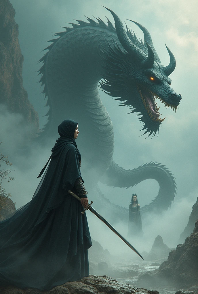 realistic photo, a woman (with a sword:1.2) and a demon, a beautiful female god of death in a hijab, inspired by Shunkōsai Hokushū, in the art style of mohrbacher, an asura from Chinese myth, Inspired by Ryūkōsai Jokei,( chinese dragon in the background:1.4) , intricate detail, 8k