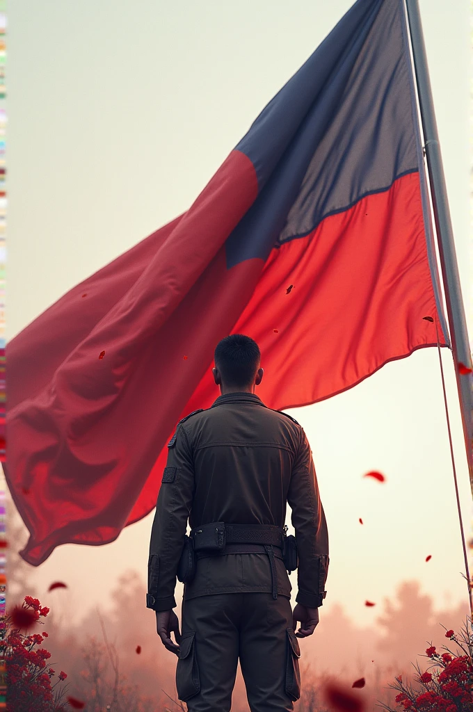 A flag as a background and behid the falg a man stand