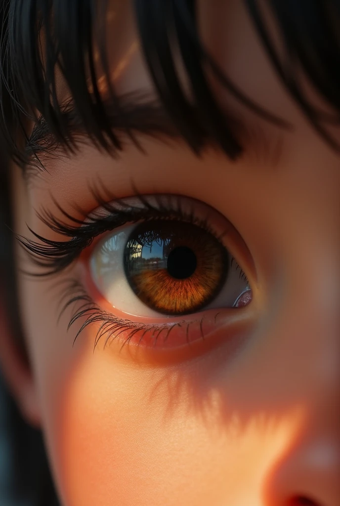 A brown eye, smooth brown skin, young skin, very well defined eyelashes, well filled eyebrows for artistic album cover eye of a teenager