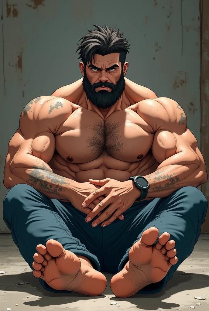 Anime styled. Muscular male with beard sitting on the floor with his bare feet outstreched infront of him. Camera facing him infront of him as he shows of his feet