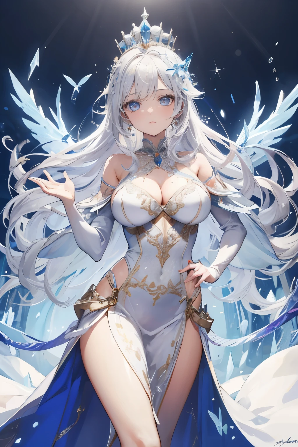 The Snow Queen, she wearing Long silver glittering dress , big breasts，The Ice crown On her head,Background is Ice snakes and Ice butterflies flying