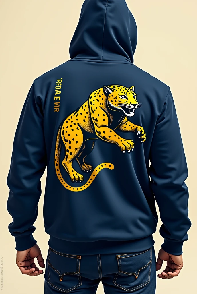 "Hello, I need your help to create a print for an &#39;Atlética Predadora&#39; t-shirt, a university athletic team with a jaguar mascot. The slogan must reflect power, mastery and excellence. Por favor, generate some impactful slogans that incorporate these elements and the concept of predator." Use colors like dark blue, offwhite, gold for the visual elements, the jaguar must maintain its original characteristics which is yellow with black tips, I want something minimalist, but that it is impactful. PUT THE IMAGE YOU CREATE ON THE BACK OF A SWEATSHIRT SO I CAN SEE HOW IT WOULD LOOK 
