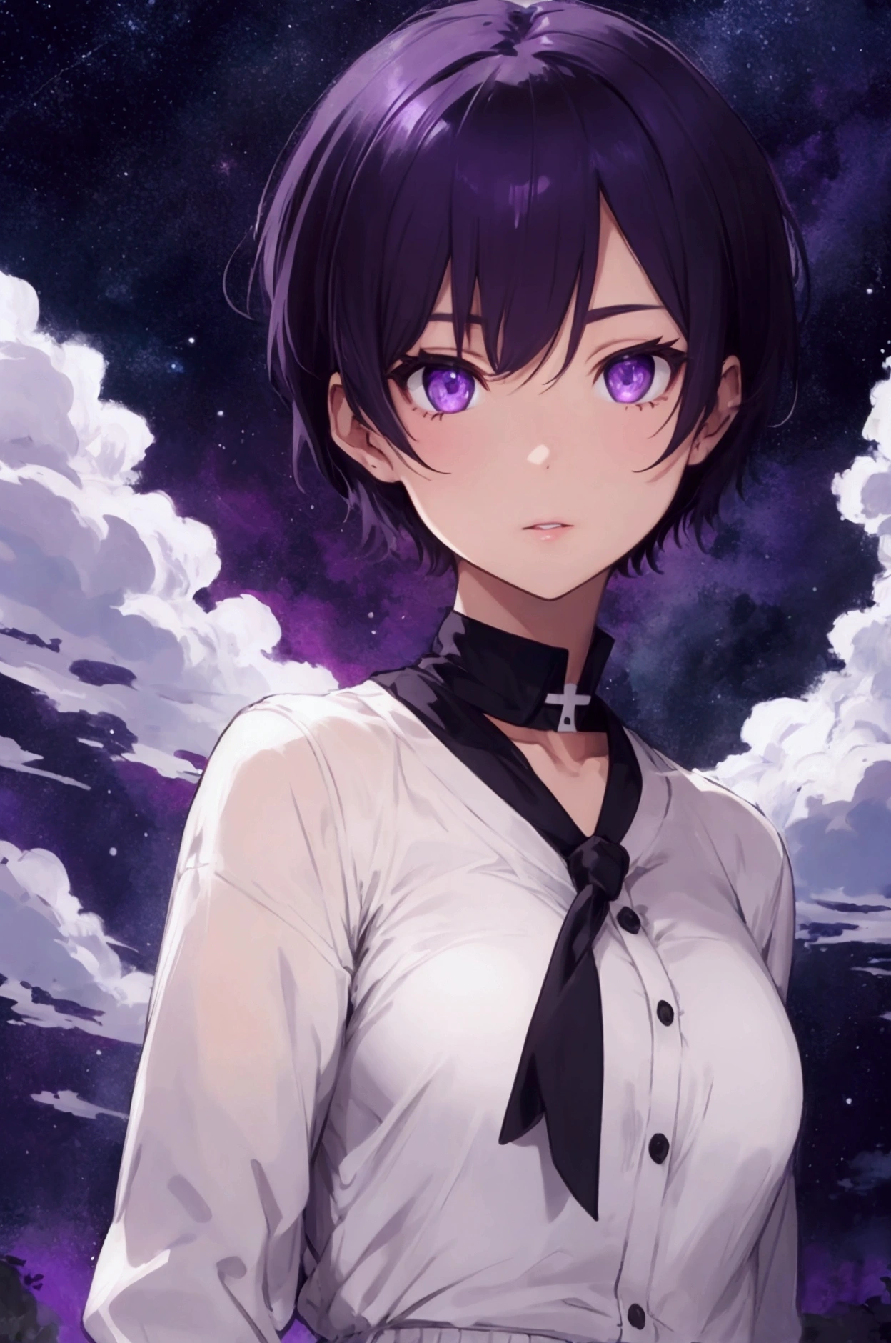 Short haired man with purple eyes 