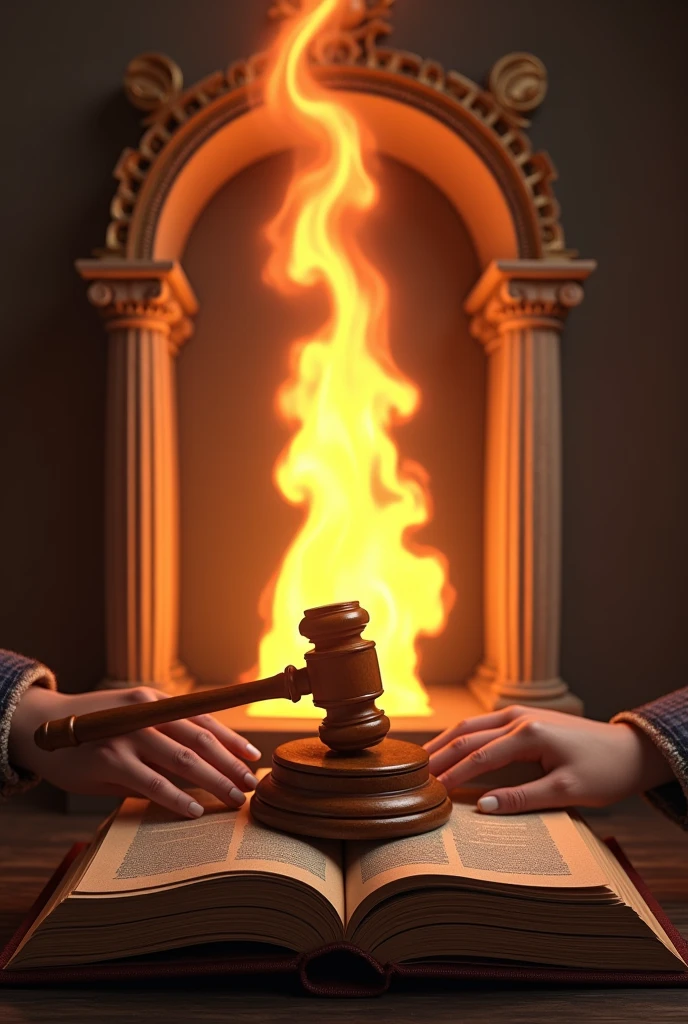 (photorealism:1.2), supreme secondary learners Government, in arc, book, hammer and hands on the center, with flame that radiates allnaround