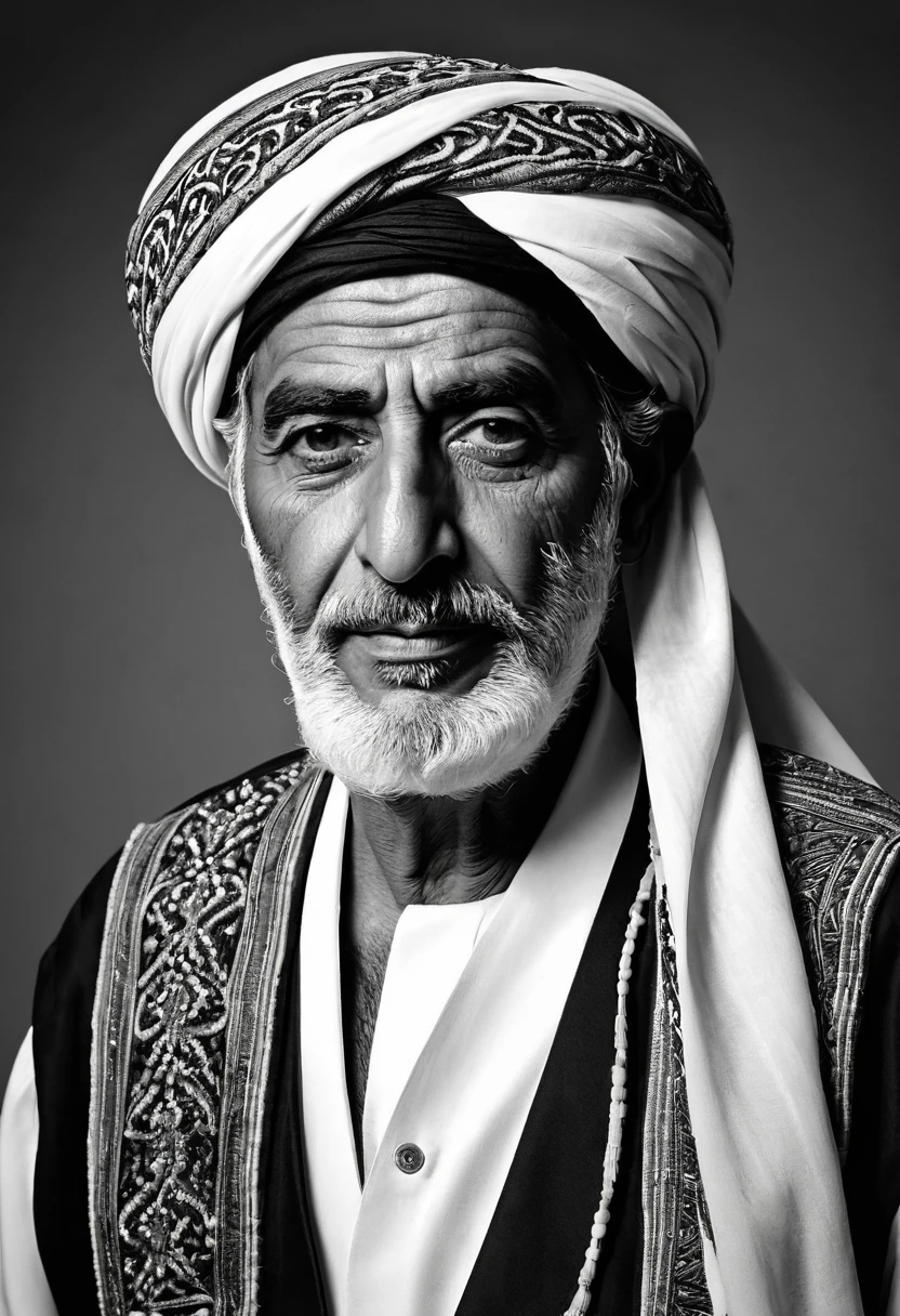 The extraordinary illustration portrait depicts: a 70 year old Middle Eastern man wearing a turban and a head covering (ghutrah) typical of the Bedouin Arabs. Showing off his horse riding skills. 50's style black and white portrait