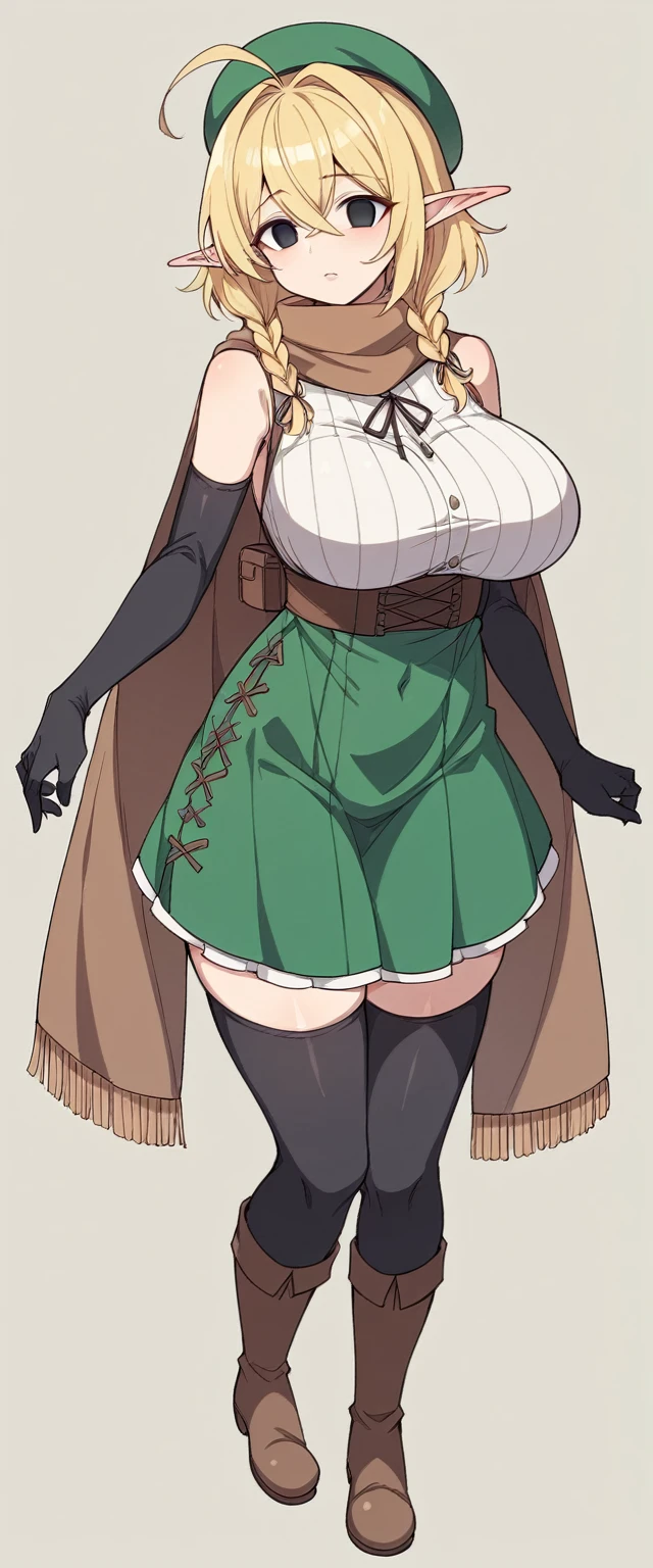 Elf、1 female、women only、short hair、twin braids、ahoge、blonde、(thin)、Big Breasts、Tall、empty eyes、black eye、Black elbow gloves、((black thigh highs))、Small black beret、Brown scarf、Green dress、Brown boots、((full body))、Are standing、thin太もも、shoulder、belly button、isekai、fantasy、front、Character portrait