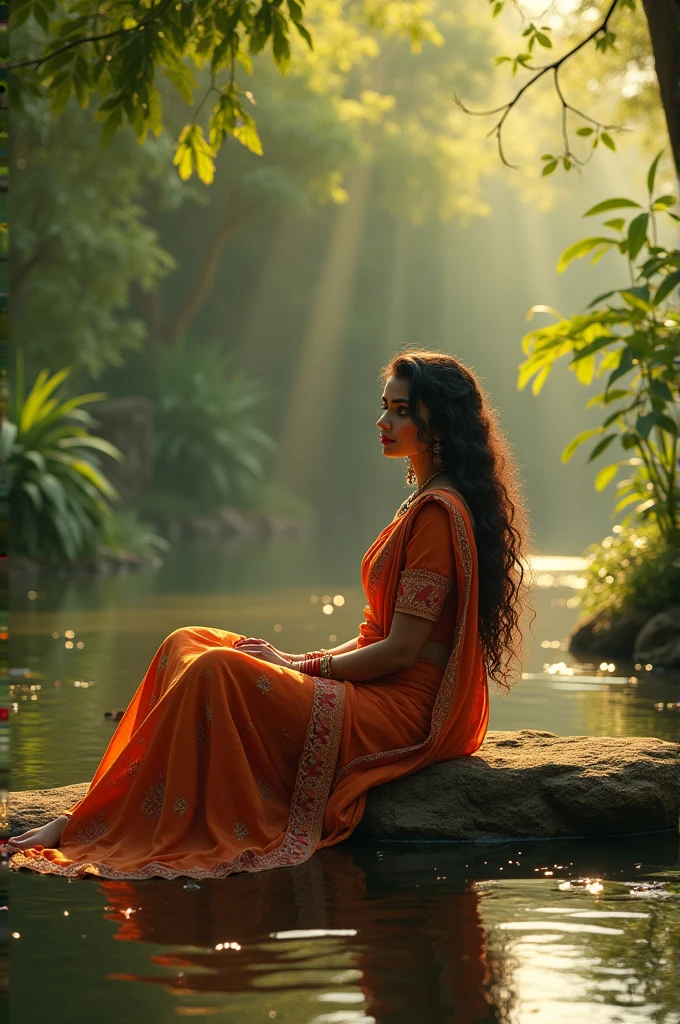 beautiful woman, sitting beside poond , wearing Shari , long curly hair, soft lighting, plants in background, with sunlight, relaxed pose, realistic, intricate details, warm colors,