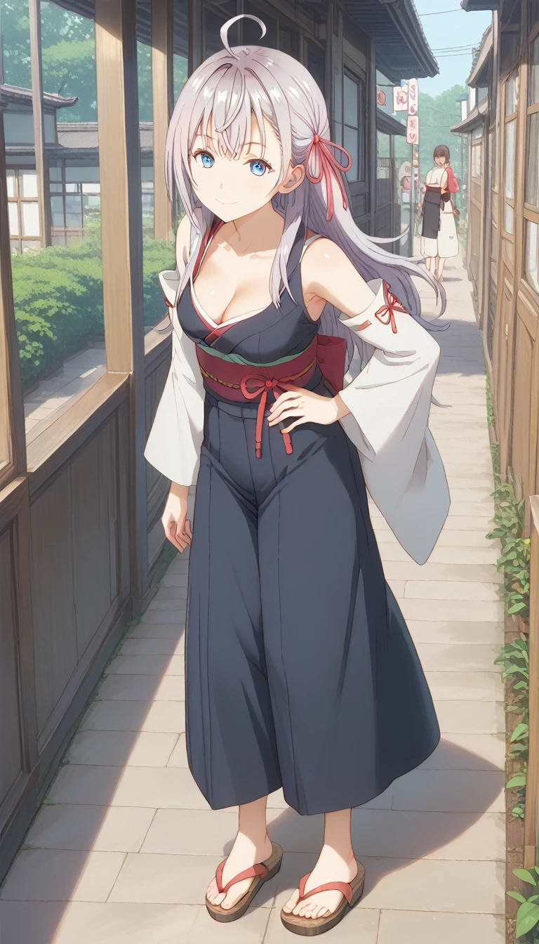 score_9, score_8_up, score_7_up, source_anime, masterpiece, absurdres, medium breasts, mature woman ,perfect face, 1girl, cute expression, smiling, looking at viewer, standing, arched back, alisamikhailovna, alisamikhailovna kujou, long hair, bangs, blue eyes, ahoge, gray hair, red ribbon, ig-ak,japanese clothes,cleavage,kimono,full body,bare shoulders,hand on hip,detached sleeves,sandals,
