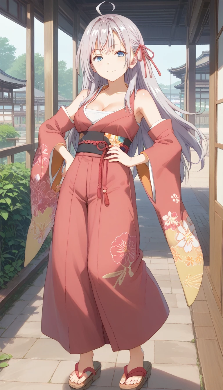 score_9, score_8_up, score_7_up, source_anime, masterpiece, absurdres, medium breasts, mature woman ,perfect face, 1girl, cute expression, smiling, looking at viewer, standing, arched back, alisamikhailovna, alisamikhailovna kujou, long hair, bangs, blue eyes, ahoge, gray hair, red ribbon, ig-ak,japanese clothes,cleavage,kimono,full body,bare shoulders,hand on hip,detached sleeves,sandals,