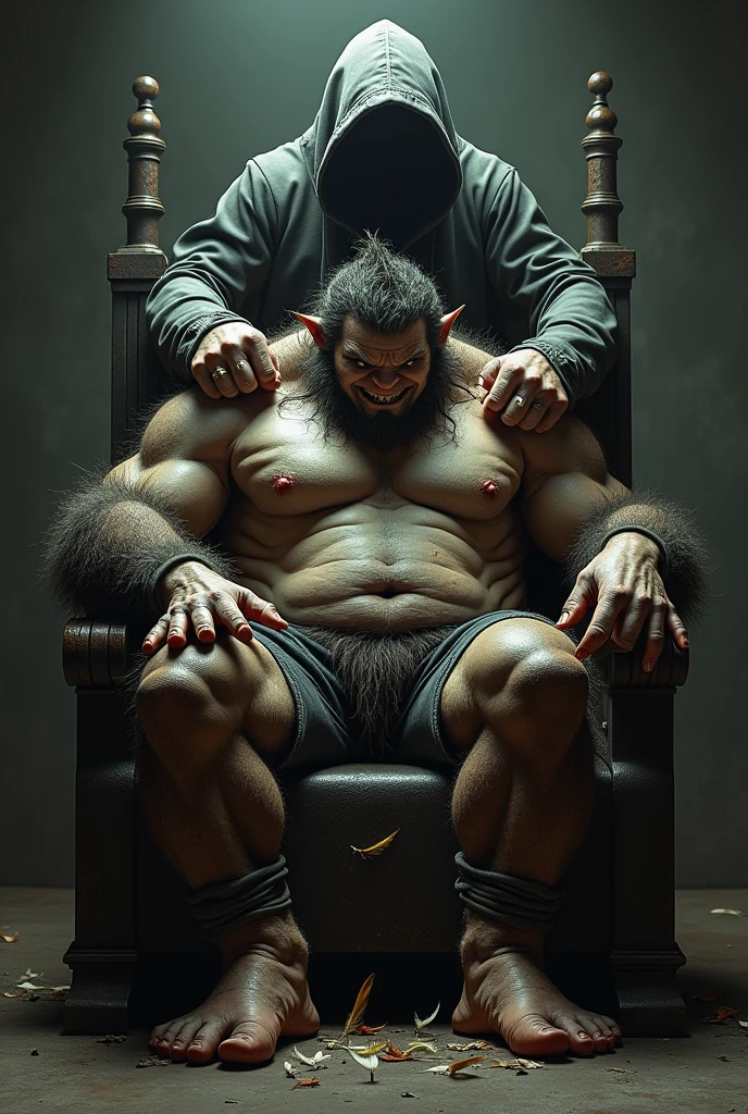 A black、Hairy orc tied to the tickle torture chair，Both feet are locked in the foot，Being tickled by a person in a hoodie，His armpits were constantly rubbed by feathers.，His two big feet were brushed with two brushes.，There are also many feathers scratching between the toes。The abdomen was scratched by someone