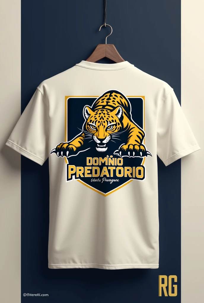 "Hello, I need your help to create a print for an 'Atlética Predadora' t-shirt, a university athletic team with a jaguar mascot. The slogan must reflect power, mastery and excellence. Por favor, generate some impactful slogans that incorporate these elements and the concept of predator." Use colors like dark blue, offwhite, gold for the visual elements, the jaguar must maintain its original characteristics which is yellow with black tips, I want something minimalist, but that it is impactful. PUT THE IMAGE YOU CREATE ON THE BACK OF A SWEATSHIRT SO I CAN SEE HOW IT WOULD LOOK, THE SWEATSHIRT IN OFF WHITE COLOR