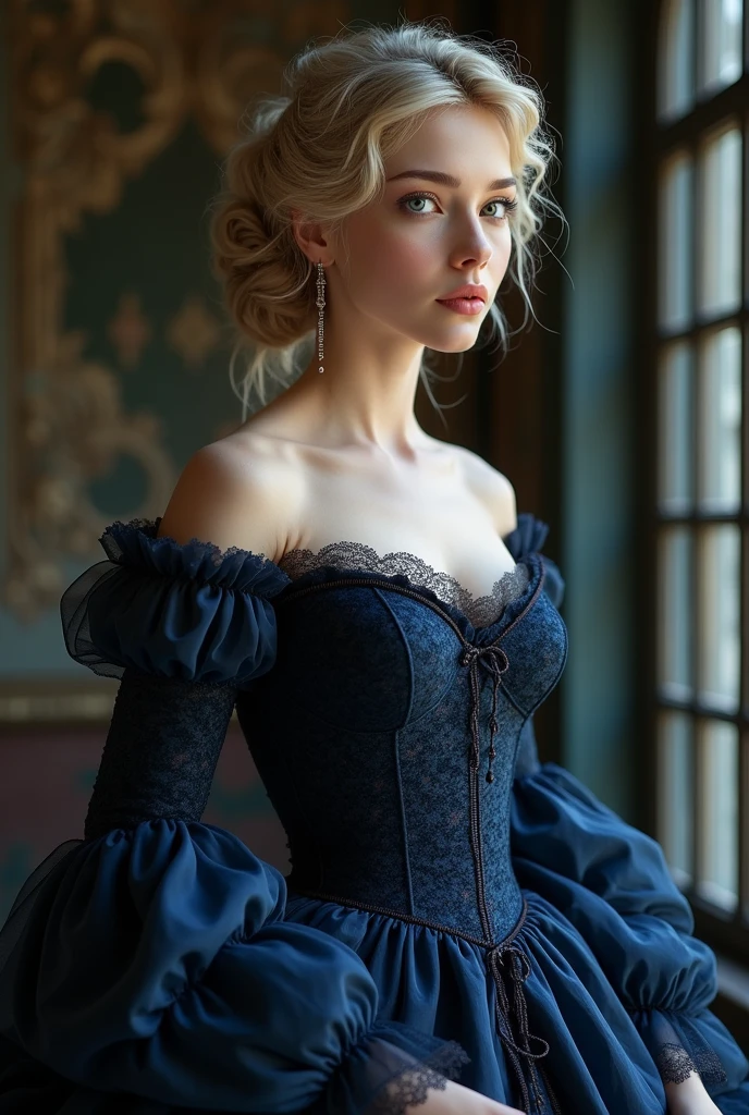 Beautiful twenty year old girl, with light blonde hair, White skin, almond-shaped blue-green eyes. with medium breasts, slim, with a small waist and curves. She is wearing a dark blue Victorian era dress that highlights her beauty.. Her lips are plump. She has her hair up in an elegant hairstyle.. Let the whole dress be seen.
