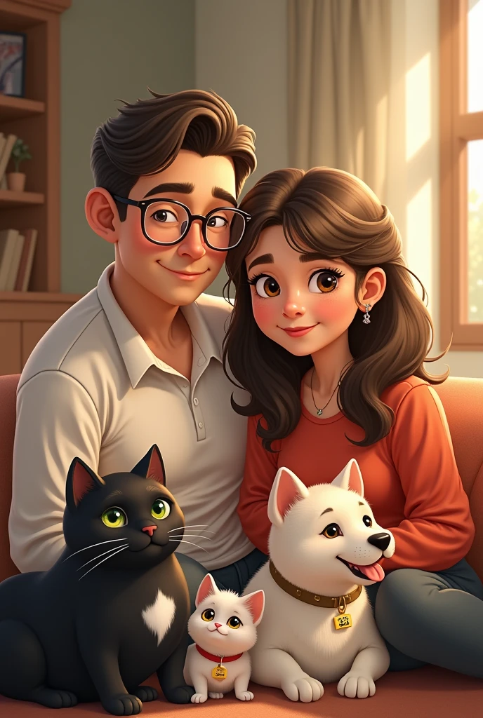 Create a family image where a 2 couple comes, the fat man with light brown skin, Without beard. with square lenses, slanted eyes combed to one side brown hair , along with her female partner a little chubby with long brown curly hair with medium skin tone with round glasses Along with a large white Labrador dog with a small tag with the name Bonnie also a large black fat cat with a white spot on the middle of her face down to her belly with a tag with the name Micharda and another small white kitten with a tag with the name Kitty