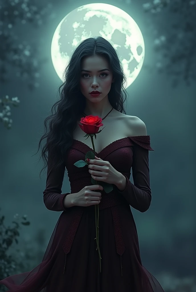 Picture a mysterious, beautiful girl standing beneath a luminous full moon. She holds a dark red rose with petals that seem to shift from vibrant crimson to deep black at the edges. The moonlight casts a soft, magical glow on her, highlighting her enigmatic expression and adding a touch of elegance to the scene. Her attire, a blend of dark and shimmering fabrics, complements the rose and the moon’s ethereal light. The background is a blend of twilight blues and gentle silver, creating an air of intrigue and allure.