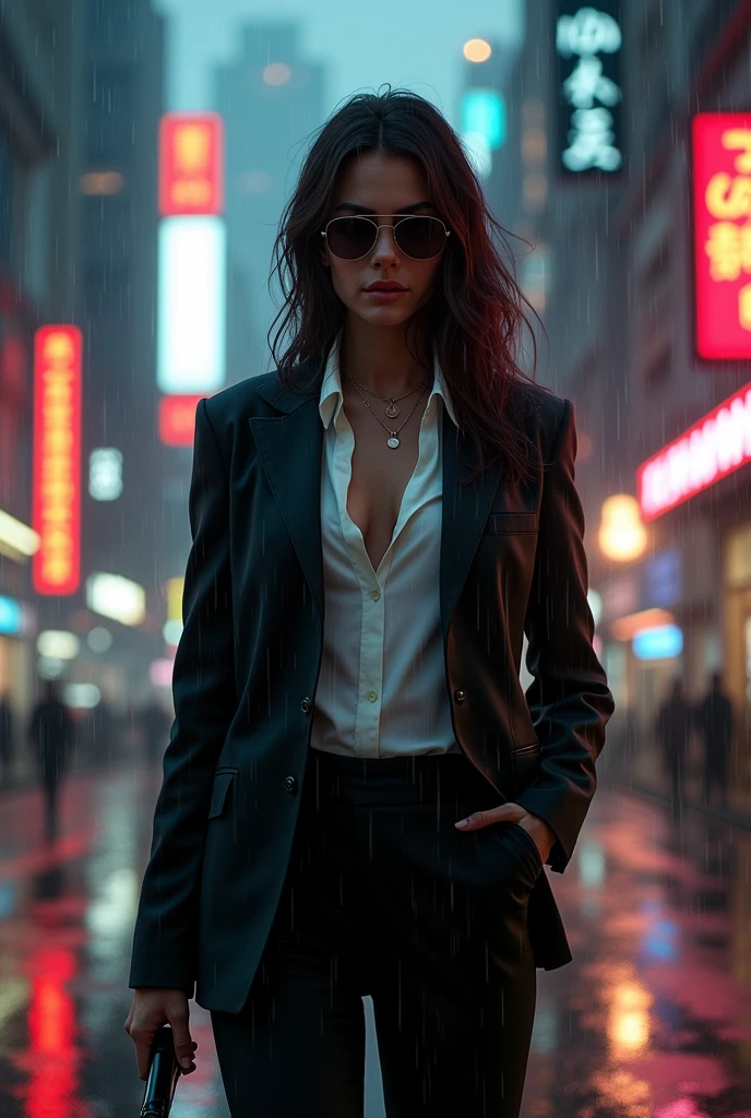 GTA STYLE,chumbo feminino,1girl, looks like olivia thrillby, fashion accessor、dark suit, white shirt unbuttoned top, future city streets,raining dusk, retro artstyle,shadows and highlights,hight contrast,crime and danger、Tension and suspense、Reflections on the avant-garde and the low ebb、Shady、evocative composition。(Best quality at best,4K,8K,A high resolution,tmasterpiece:1.2),ultra - detailed,(actual,realisticlying,Photorealistic:1.37)
