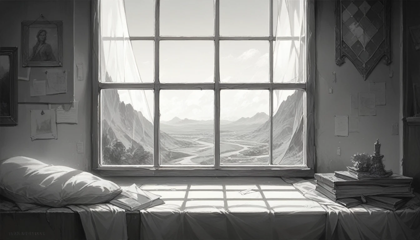 ((best quality)), ((masterpiece)), ((realistic)), A hand-drawn interior design sketch of a bedroom, featuring a window with a colored landscape outside. The light streaming through the window is orange, while the rest of the sketch remains in black and white.