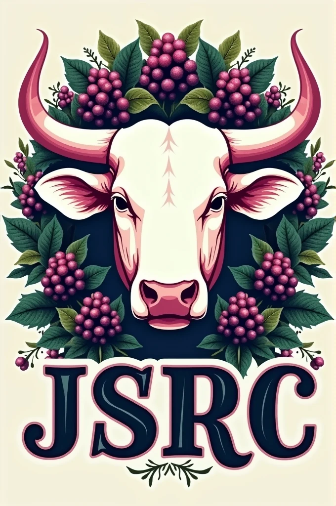 a color stamp for marking cattle with the silhouette of the head of a white Brahman bull, focusing on its horns, surrounded by a bush of blackberries and the word JSRC in big capital letters
