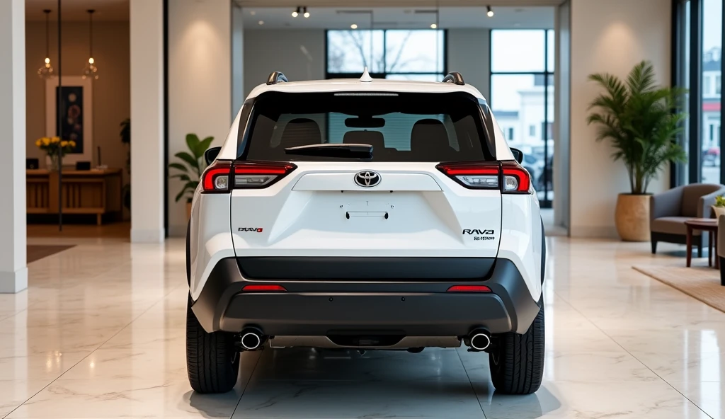 A rear view of the New 2025 Toyota RAV4 in a sleek white color, parked in a luxurious showroom. The vehicle’s modern design is evident from the rear, with sharp lines and a bold stance that exude sophistication. The Toyota logo is prominently placed at the center of the rear, symbolizing reliability and style. The luxurious rims add an extra touch of elegance, complementing the vehicle’s sleek profile. The narrow headlamps and taillights are designed with a futuristic touch, enhancing the modern aesthetics. The showroom setting, complete with polished marble floors, expansive glass walls, and chic decor, creates a premium atmosphere that perfectly frames the stylish RAV4.