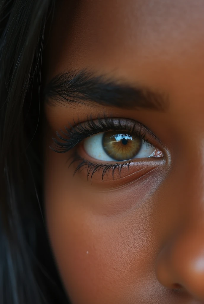 A brown eye, smooth brown skin, young skin, very well defined eyelashes, well filled eyebrows for artistic album cover eye of a 1 teenager