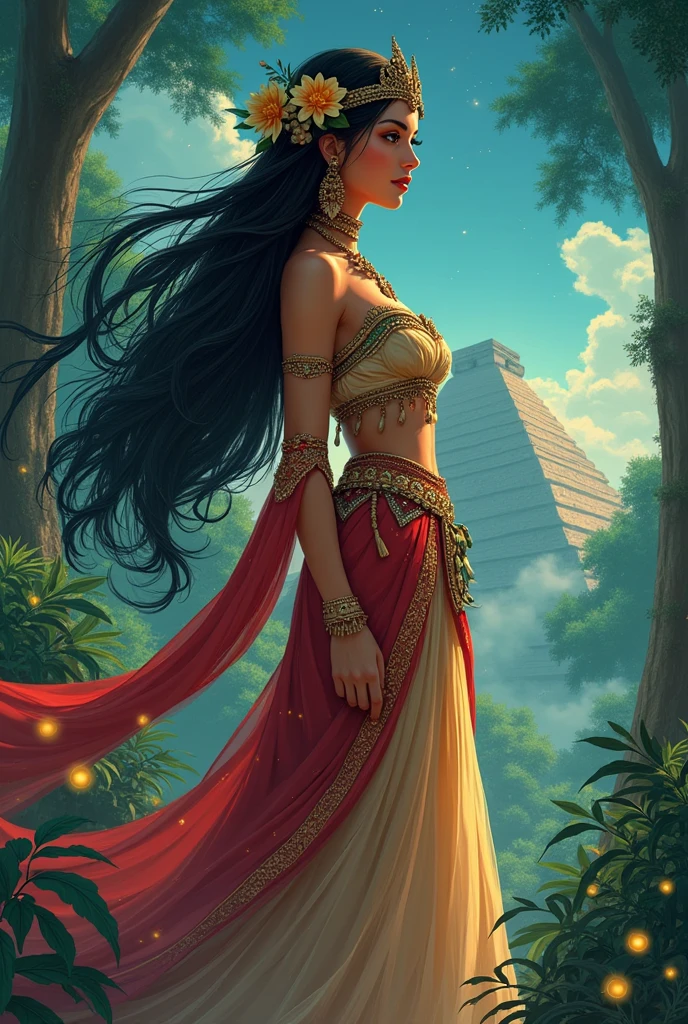 Create a full body anime style drawing of the ancient Sac princess Nicté of Mexico