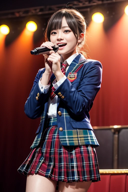 ​(realistic, photo-realistic), (masterpiece, best quality), high resolution, intricate details, extremely detailed, sharp focus, looking at the viewer, solo, 1girl, an idol group member, (AKB48-style costume), (navyblue blazer with red trim on cuffs and red collar lining, emblem, white collared shirt, tie:1.2), (red miniskirt, tartan check plaid skirt, pleated skirt:1.3), kawaii, cute face, big smile, holding a microphone and singing, dynamic lighting, cinematic lighting, professional lighting, pale skin, detailed face, detailed  eyes, beautiful pupils, sophisticated nose, photo background, indoors, the concert venue, audience in background,