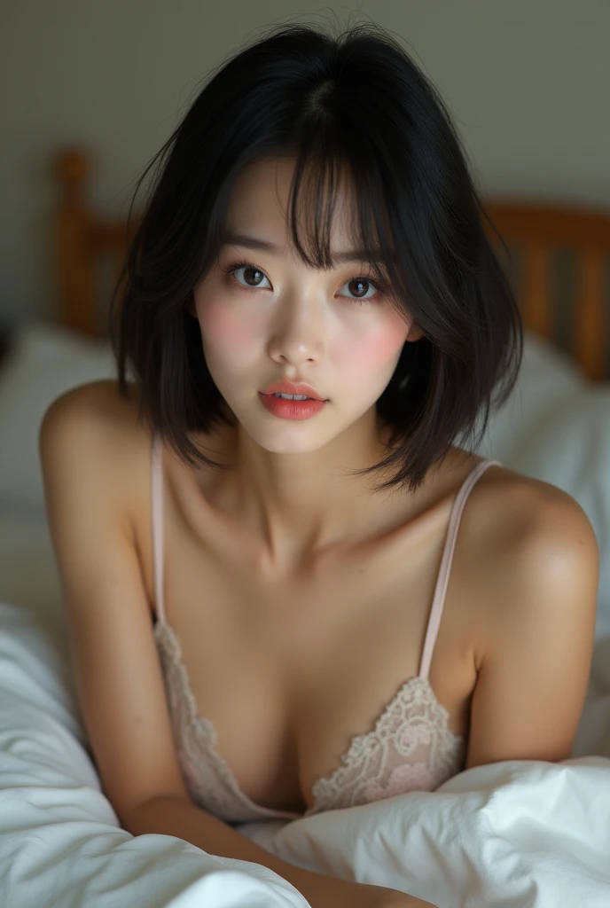 (Highest quality, 8k, 32K, masterpiece, Ultra-high resolution:1.2),Beautiful Japanese Women Photos, Big , Very short bob hair,Upper Body,underwear, looking at the camera,Lying on your back、bed