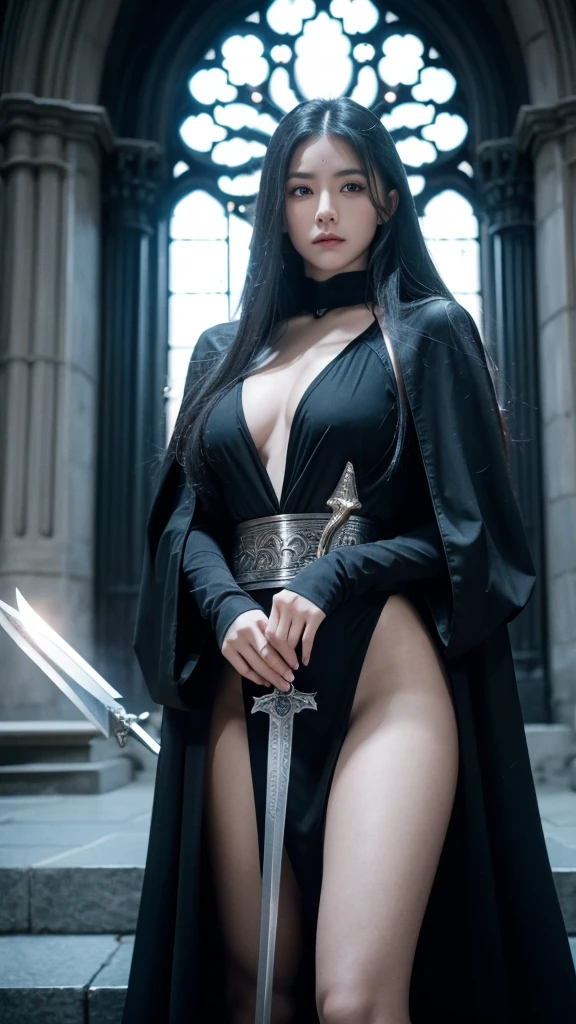 in front of the church,oriental goddess,lupus,Bright Eyes,Serious expression,,Long silver hair,Large Breasts,Perfect body proportions,Wearing a black sore cloak,Holding a broadsword with both hands.Magic runes engraved on the knife,8k,Movie Special Effects,movie lighting,realism(1:0)