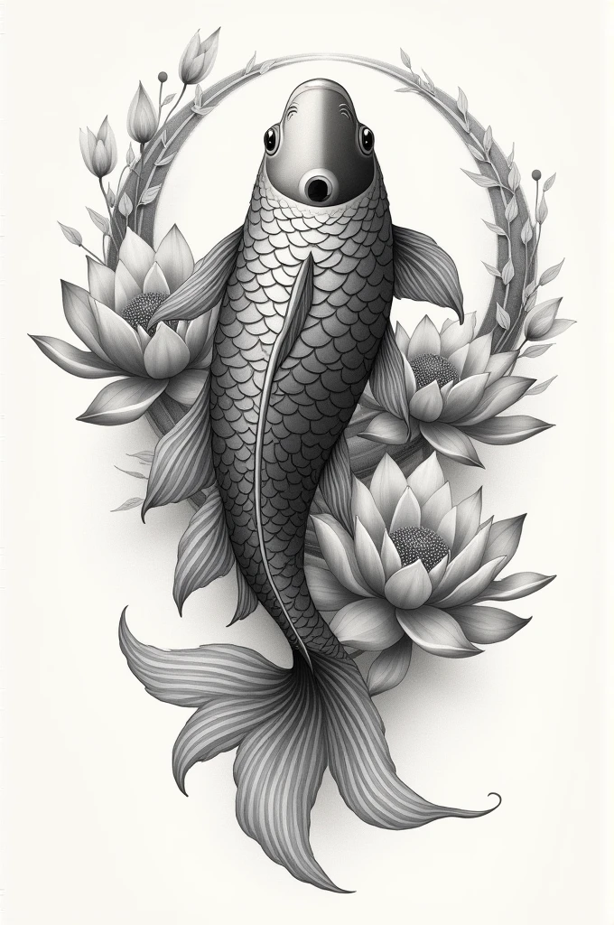 Create a sketch of a tattoo idea: a fish (de ying y yang) vertically and around lotus flowers