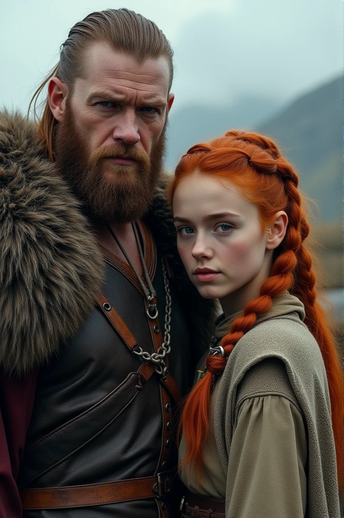 Ragnar lodbrok do filme ,next to him a 20 year old peasant girl, natural redhead with viking hairstyles, dressed in Sansa Stark style