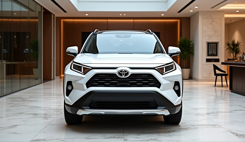 A luxurious front view of the New 2025 Toyota RAV4 in a pristine white color, parked in an upscale showroom. The car’s modern design is accentuated by its sleek, narrow headlamps that give it a contemporary and sophisticated look. The iconic Toyota logo is prominently displayed on the front grille, symbolizing quality and innovation. The vehicle’s glossy white finish highlights its sharp lines and aerodynamic profile, while the luxurious rims add a touch of elegance and sportiness. The showroom features polished marble floors, expansive glass walls, and stylish decor, creating a refined environment that enhances the RAV4’s premium appeal and modern design.