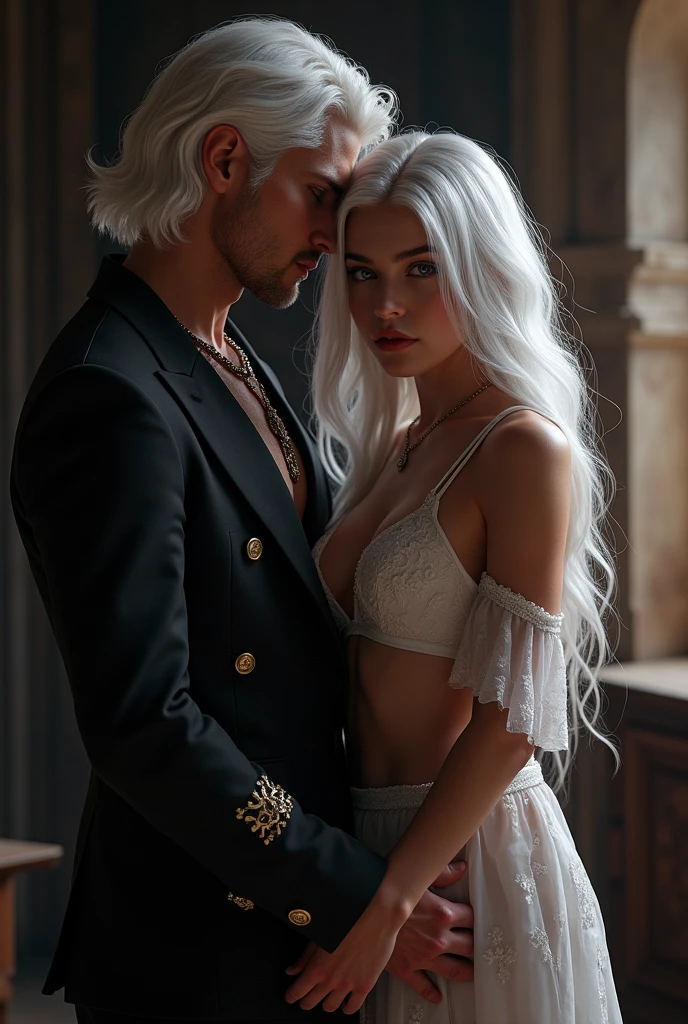 Make a young woman with white hair and purple eyes, pale white skin She is very beautiful and attractive, her features are delicate and sexy, your body has attractive curves.
she is naked.
next to her is a man, very tall, white hair, he is very handsome, attractive and hot.
she is half naked.
they are in a medieval room, from the middle ages
make the image as naughty and sexy as possible