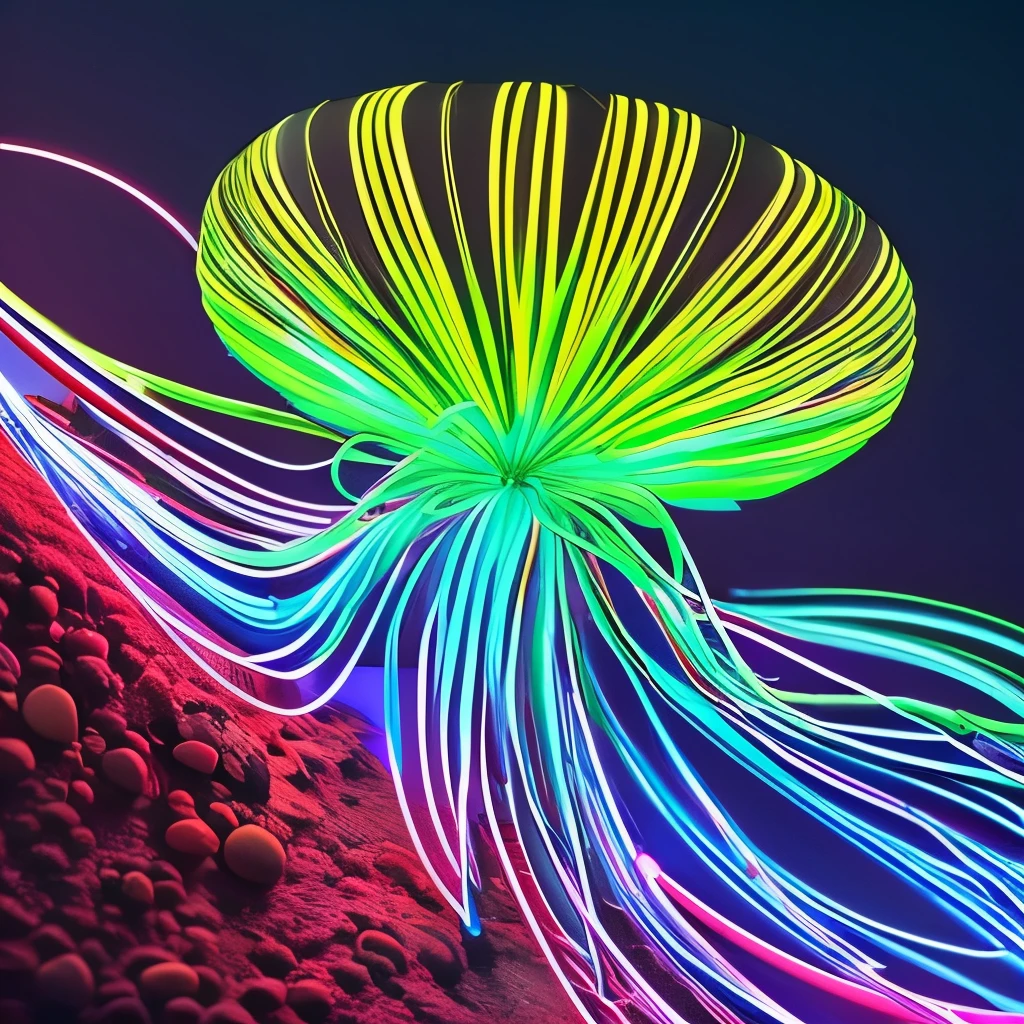 a close up of a flower with neon lights on it, a digital rendering by Bruce Munro, flickr, conceptual art, radiating atomic neon corals, twirling glowing sea plants, harmony of neon glowing coral, neon color bioluminescence, neon bioluminescence, filled with bioluminescence, purple and blue neons, neon jellyfish