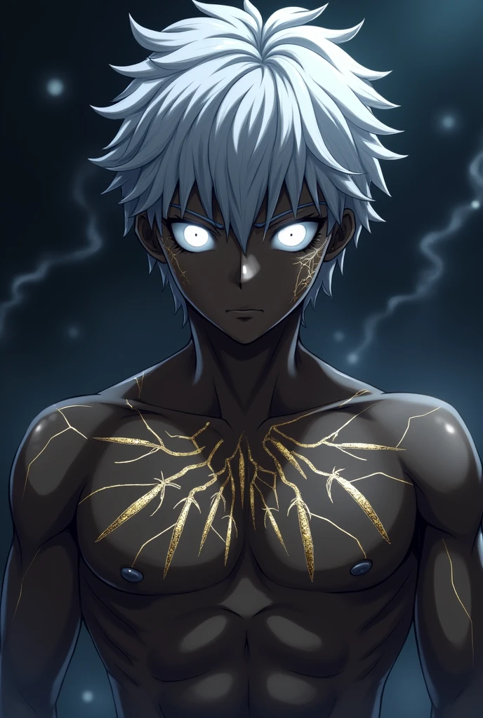 Young man,ager, ebony skin, bright white eyes, cracked body, magic cracks, Smoke atmosphere, night, golden tattoo of swords on his chest, bare-chested. Powerful, muscular aura, anime style, Silver hair. (((Emiya Shirou face.)))