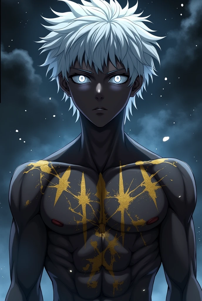 Young man,ager, ebony skin, bright white eyes, cracked body, magic cracks, Smoke atmosphere, night, golden tattoo of swords on his chest, bare-chested. Powerful, muscular aura, anime style, Silver hair. (((Emiya Shirou face.)))