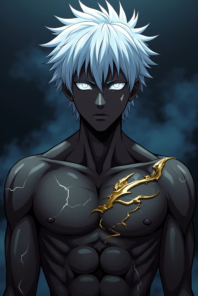 Young man,, ebony skin, bright white eyes, cracked body, magic cracks,  Smoke atmosphere, night, golden tattoo of swords on his chest, bare-chested. Powerful, muscular aura, anime style, Silver hair. (((Emiya Shirou face.)))