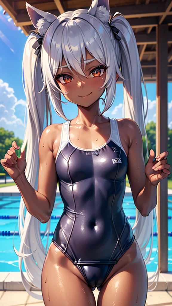 (dark skin,Silver Hair,Fox Girl),(Perfectly detailed face),(Young),twintails , (((Swimsuit))),cameltoe,School swimming pool,noon,sweaty,Smirk,High resolution, masterpiece, Highest quality, High resolution, Cowboy Shot